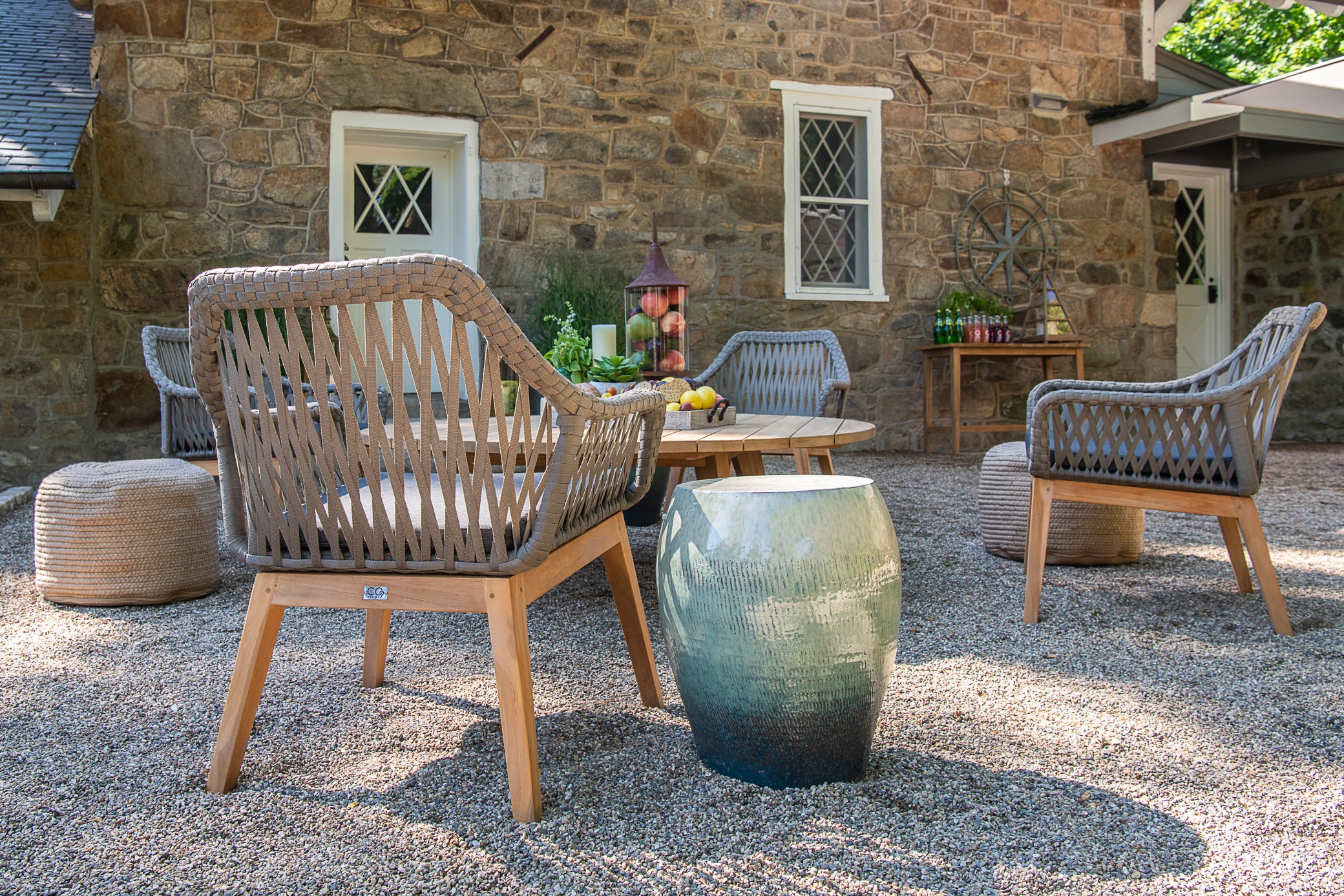 Cozy outdoor patio with wicker chairs