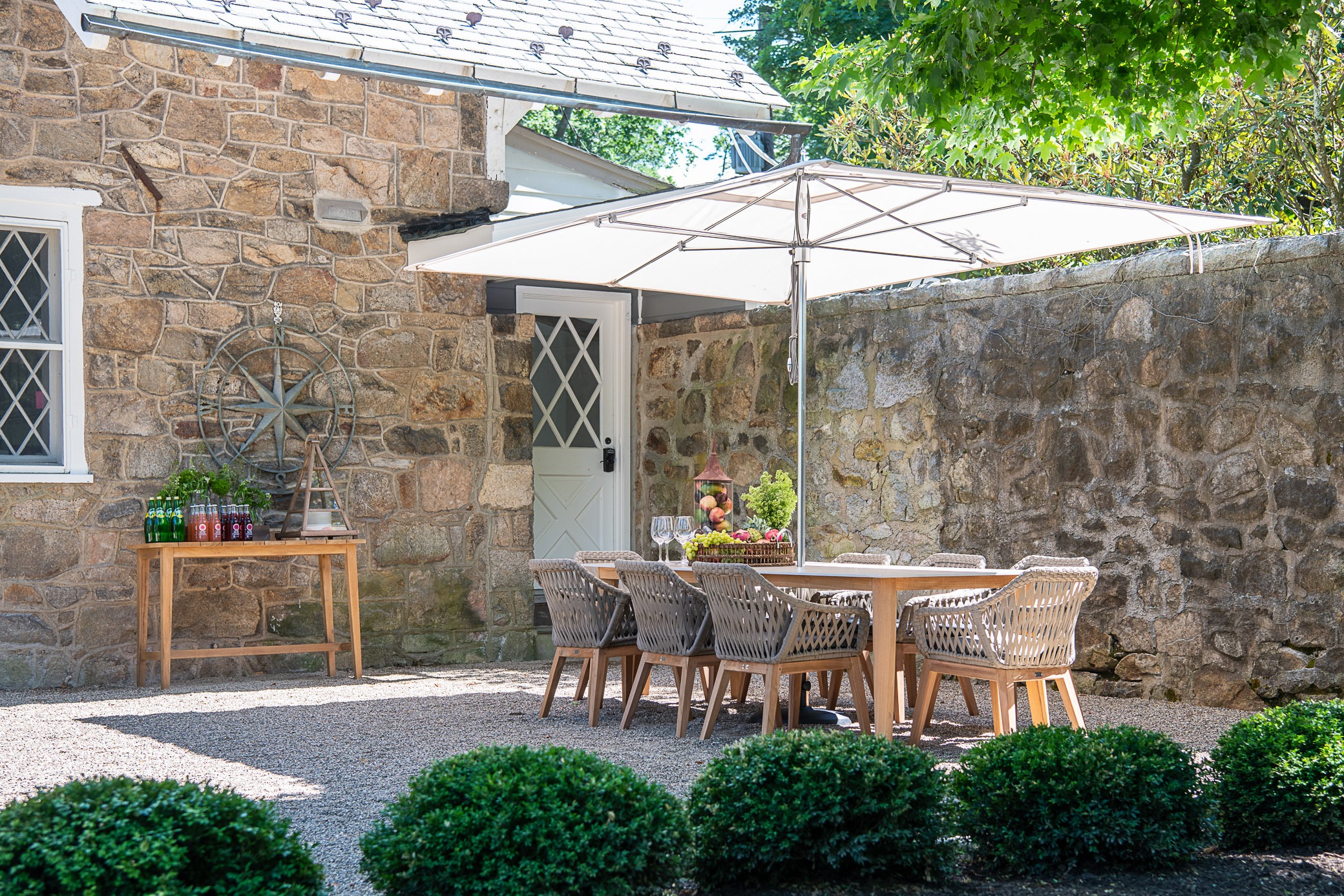 Outdoor patio with table and umbrella