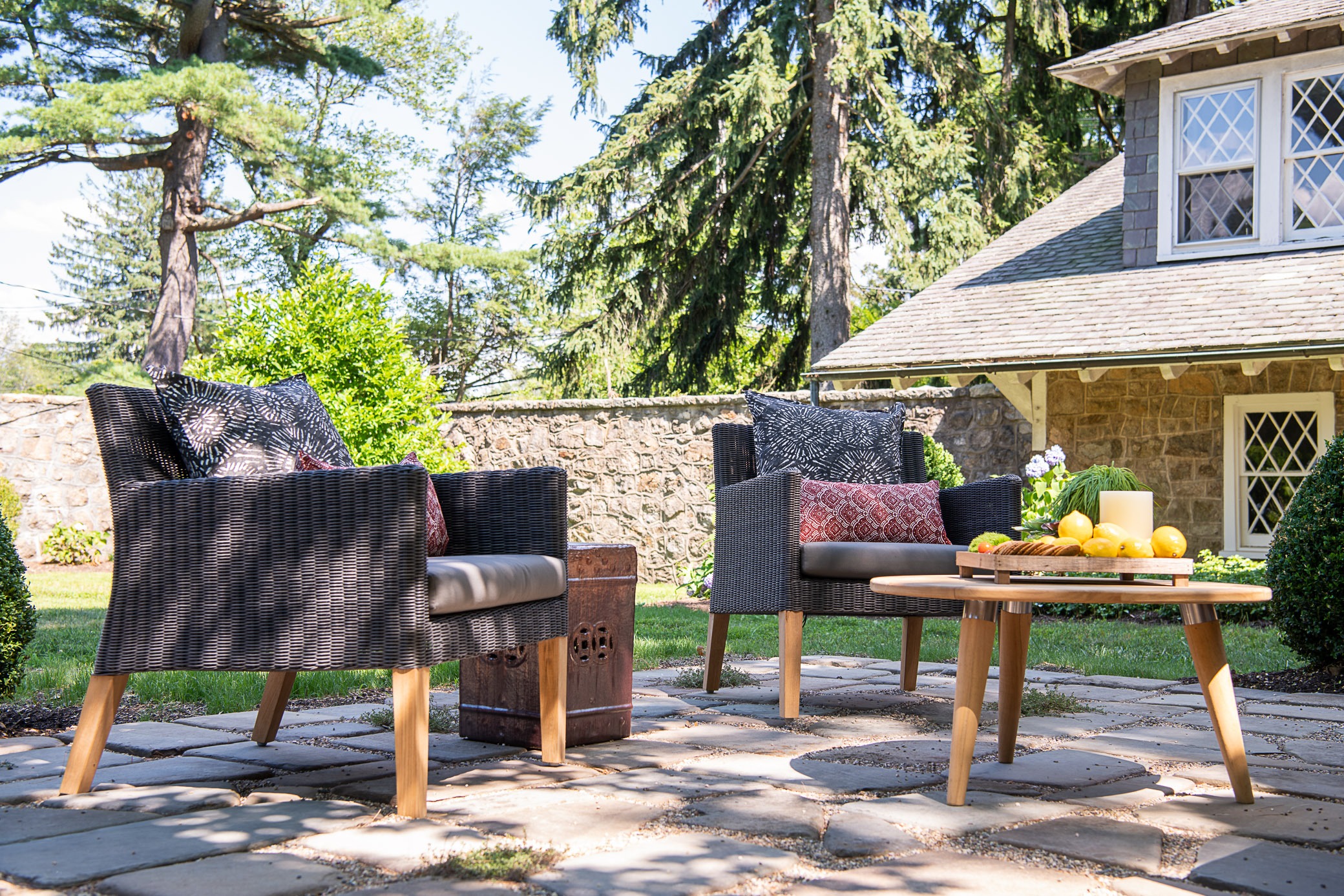 Outdoor patio with chairs and table