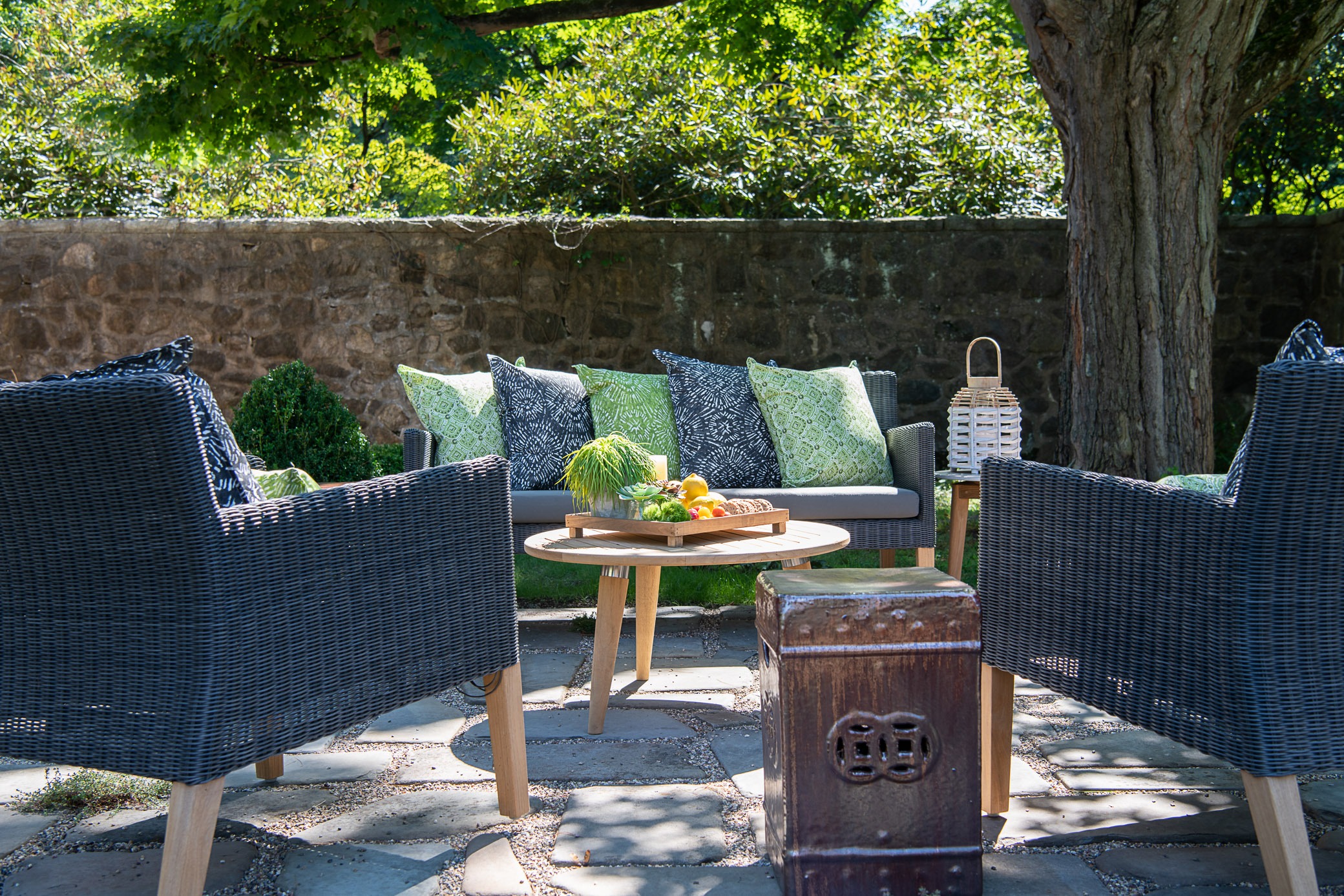 Cozy outdoor patio seating area.