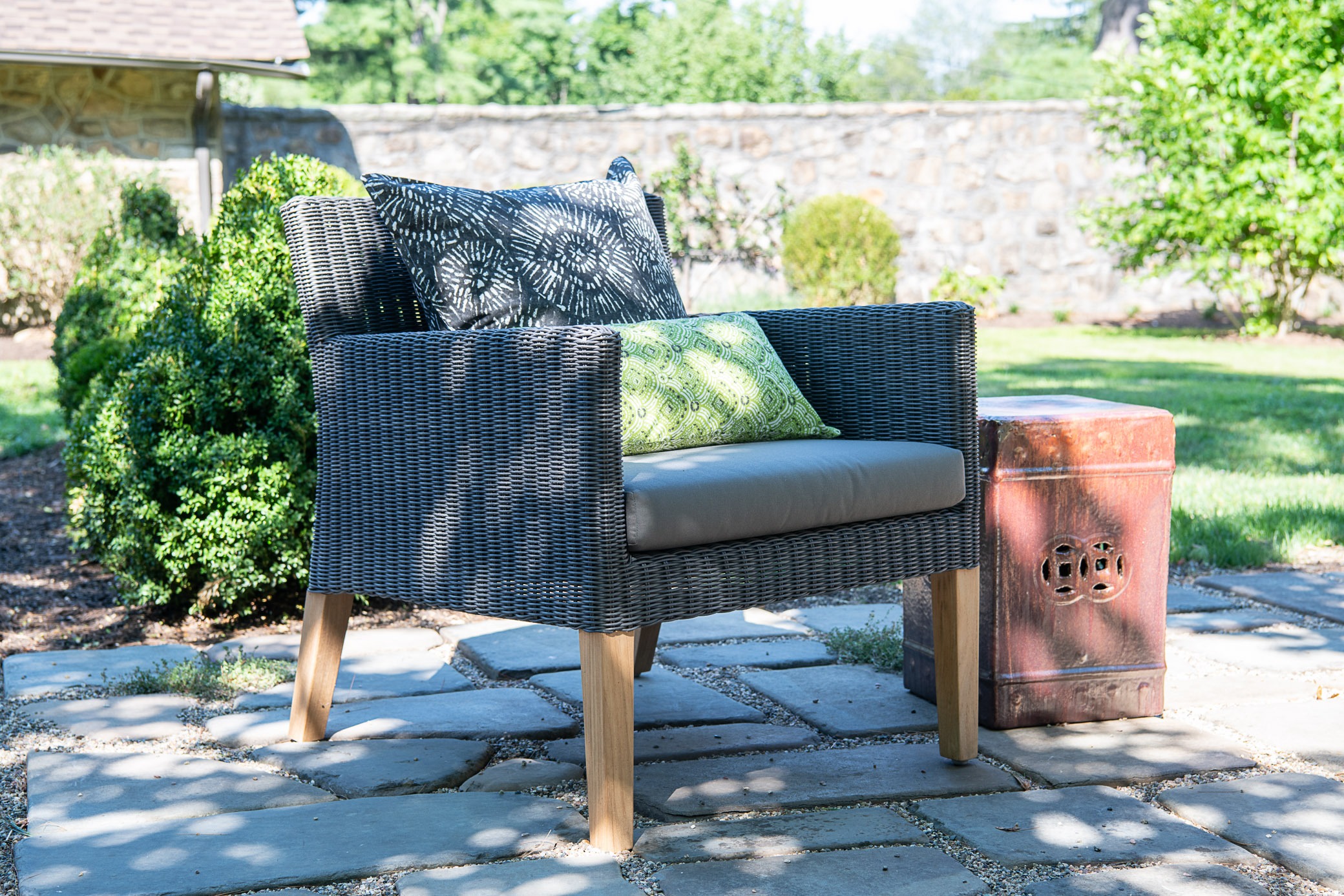 Outdoor chair with cushions on patio