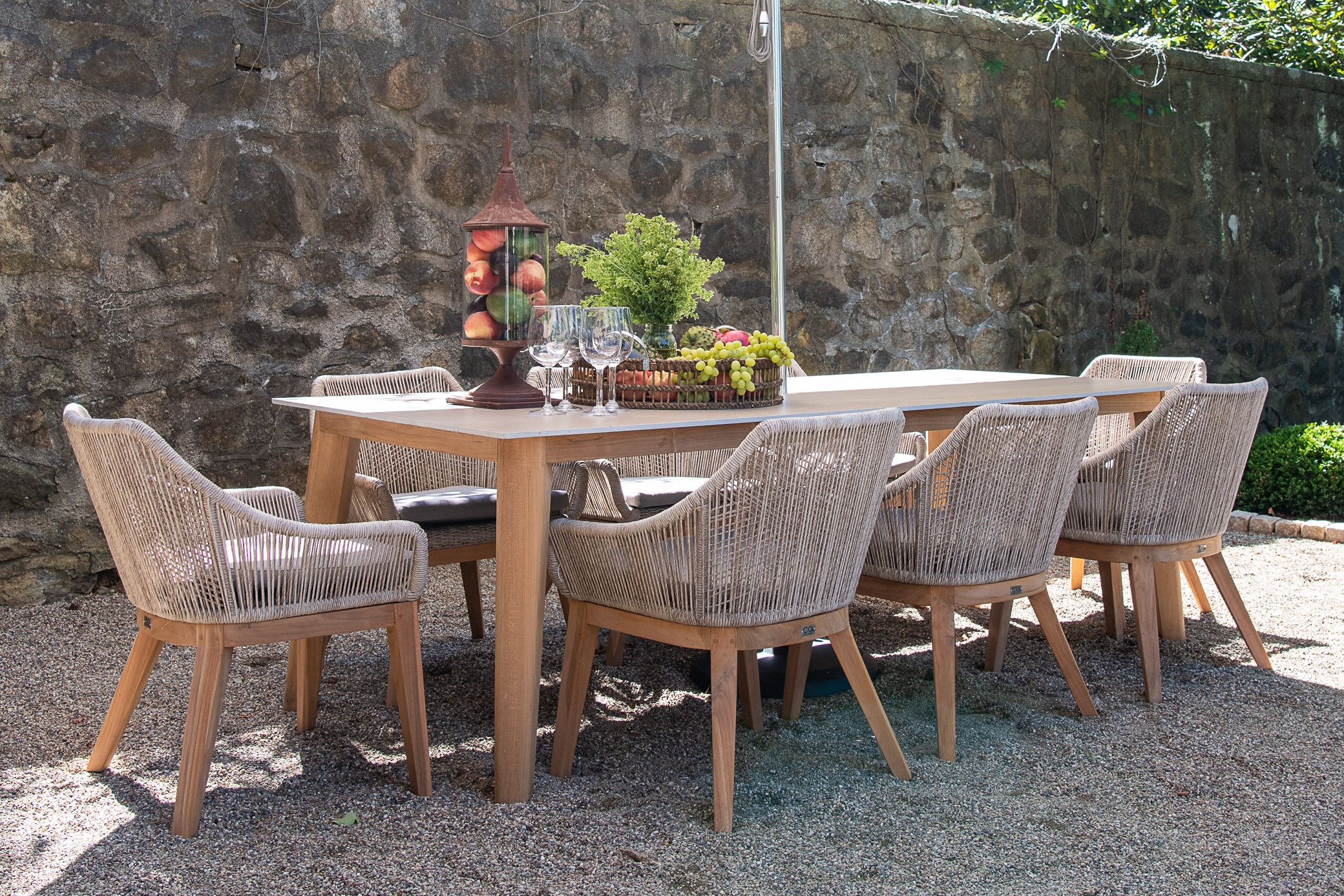 Outdoor dining set with fruit centerpiece