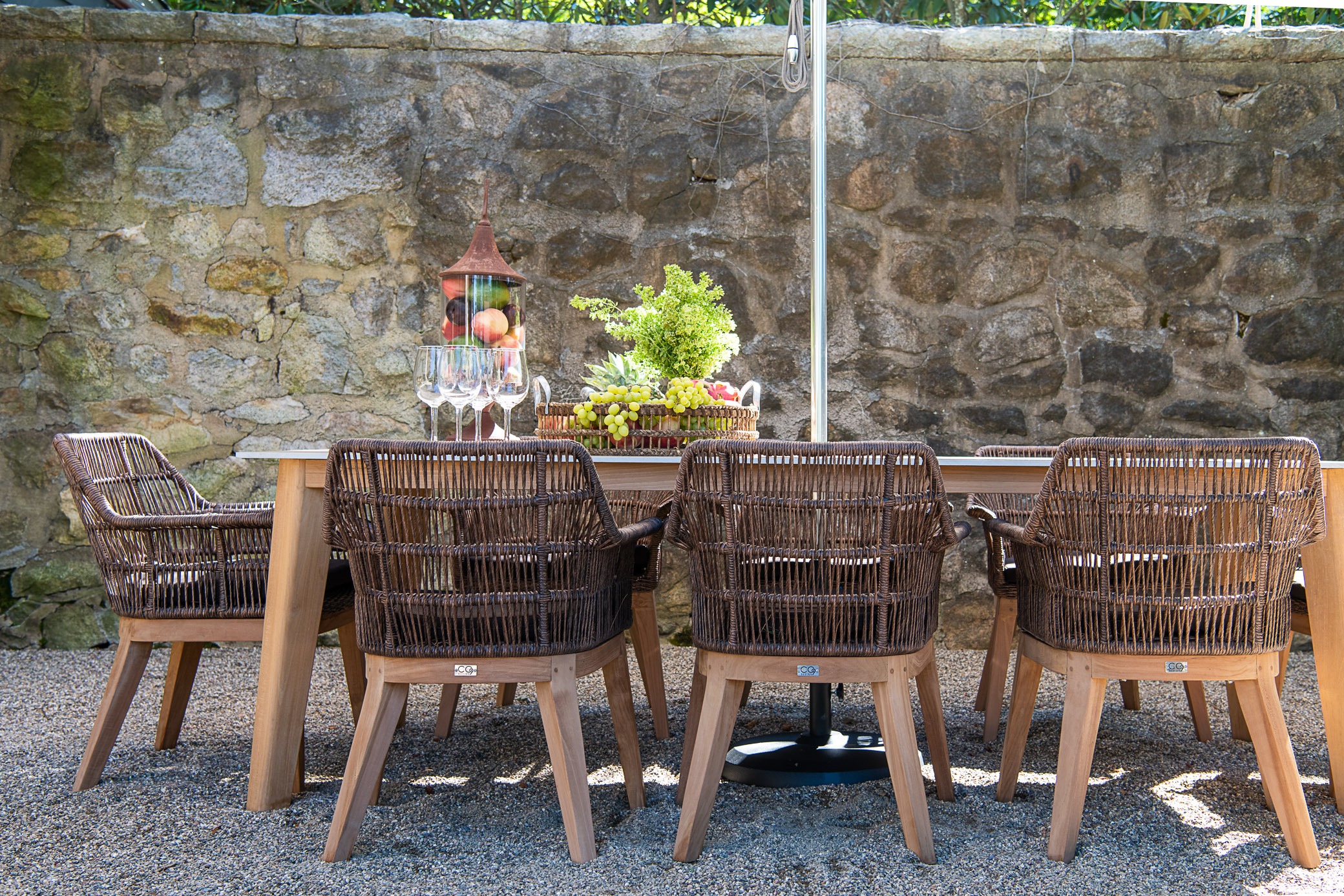 Outdoor dining area with wicker chairs