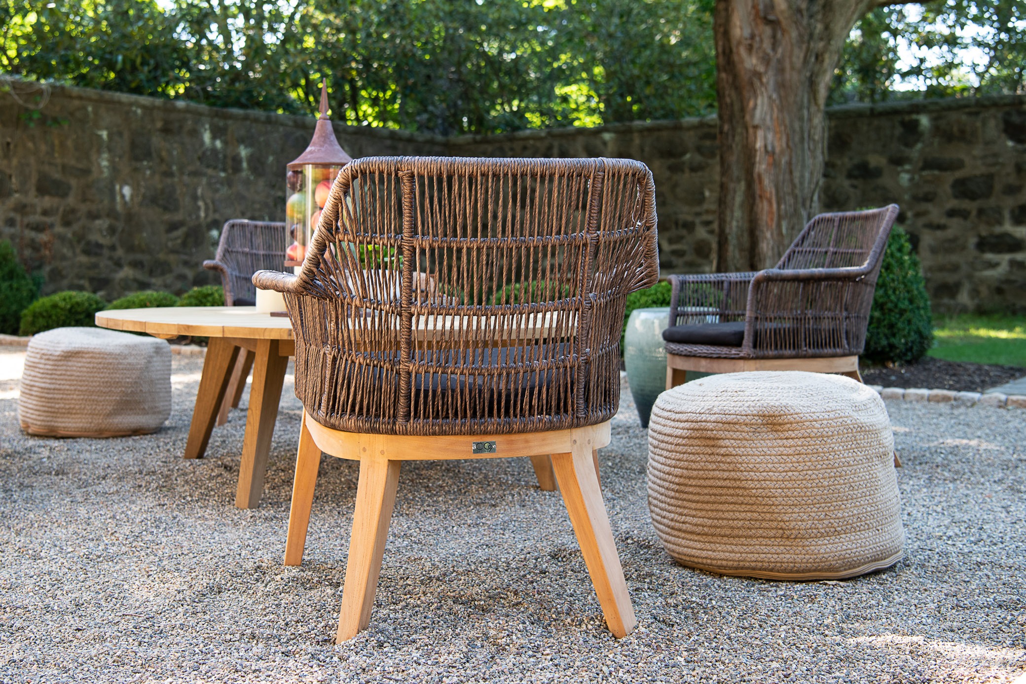 Outdoor patio with wicker chairs