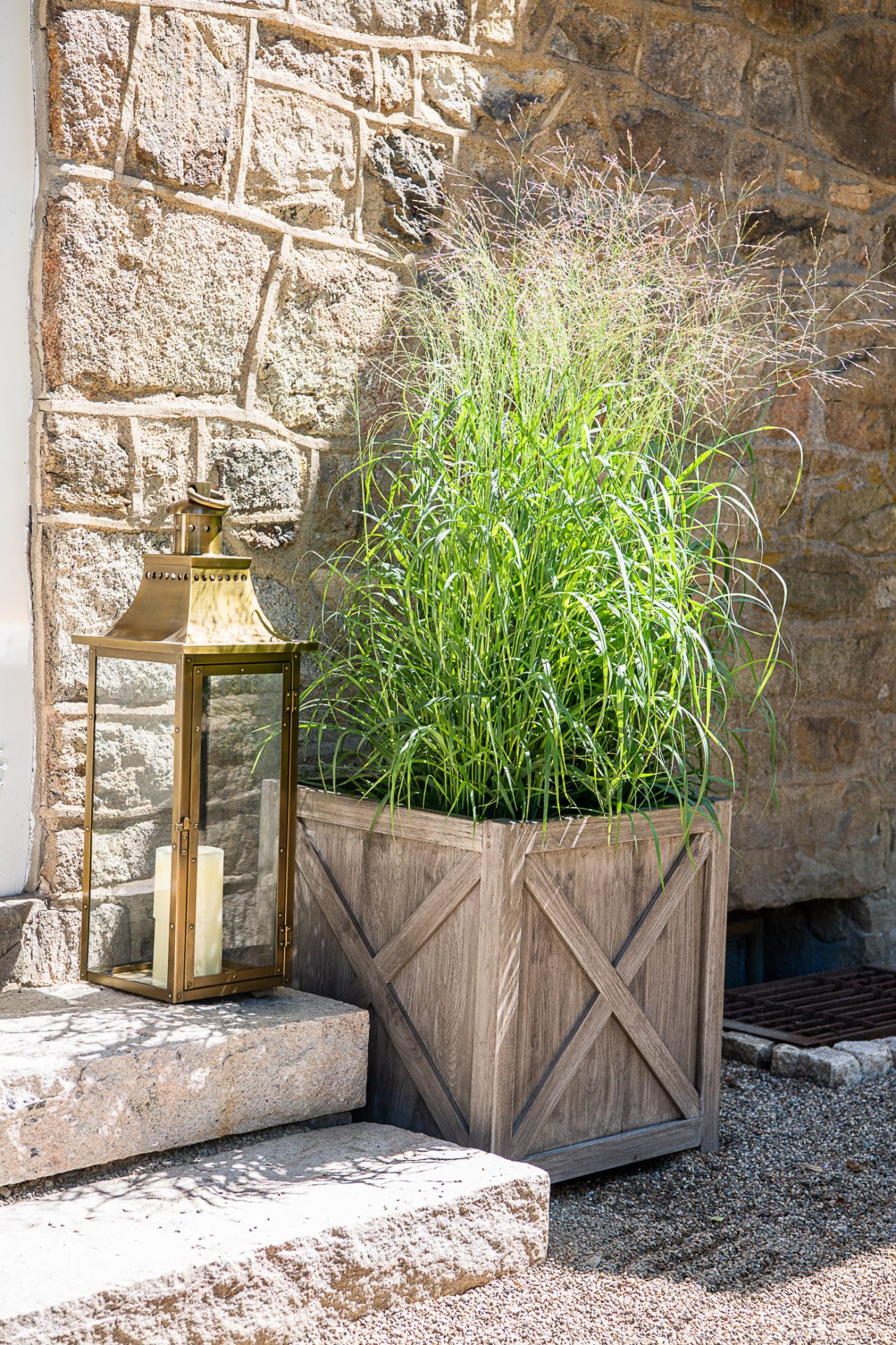 Lantern and planter by stone wall