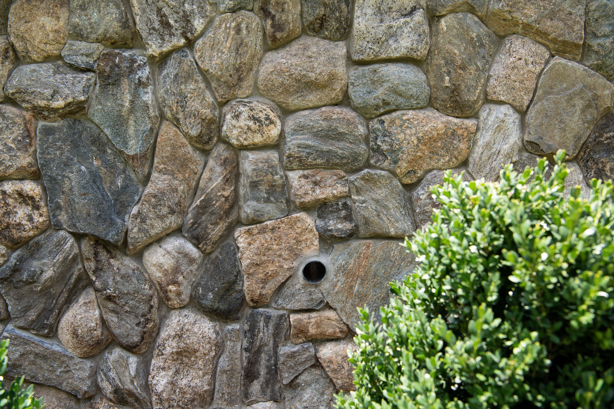 Stone wall with green shrubbery