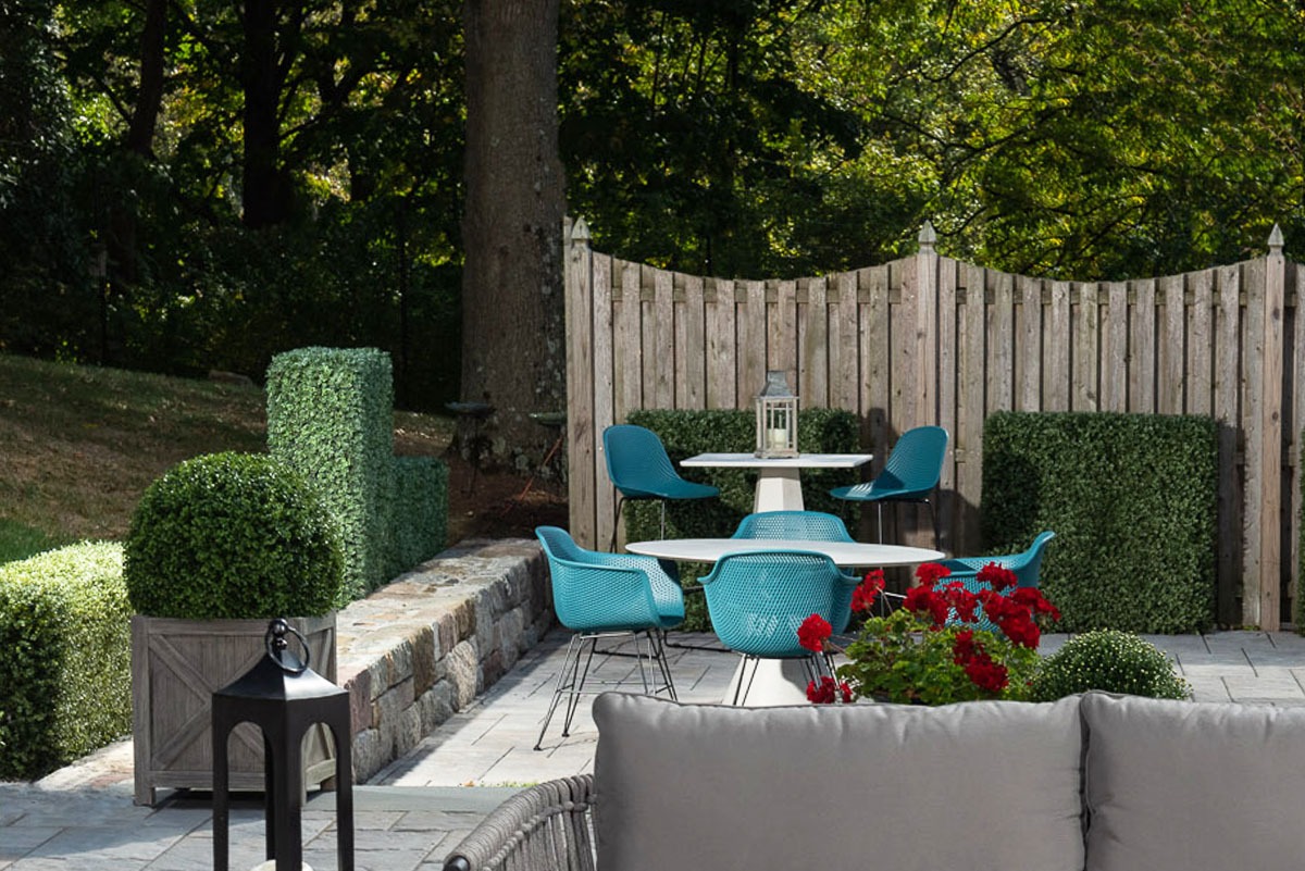 Cozy outdoor patio with modern furniture