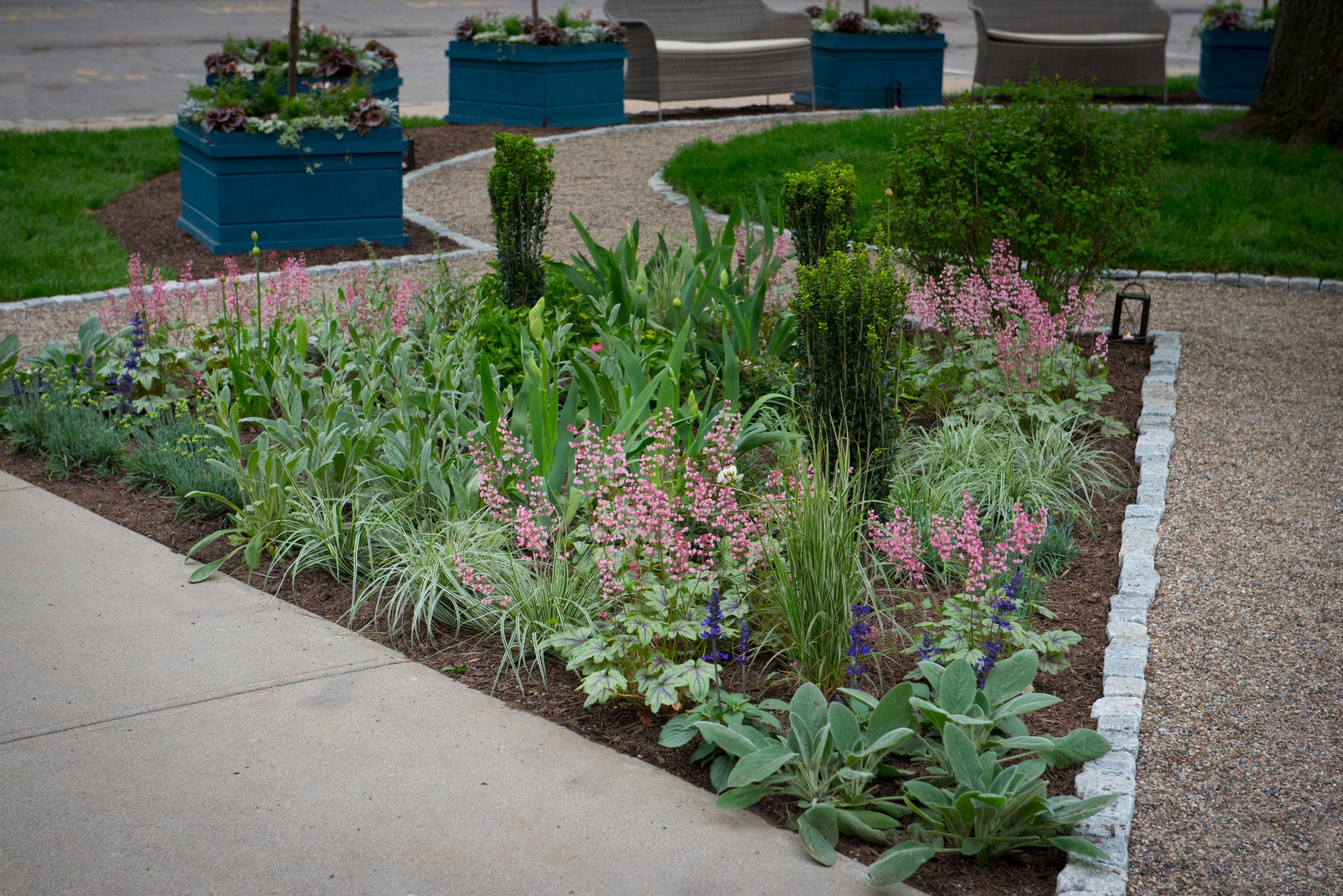 Colorful garden with path and planters