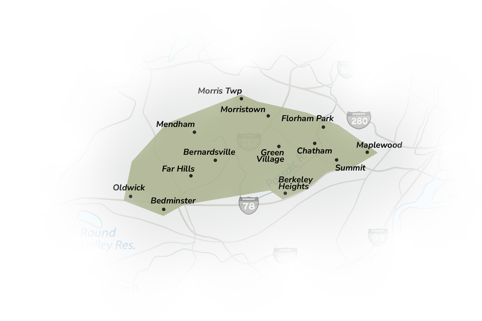 Map of New Jersey region with towns and interstates.