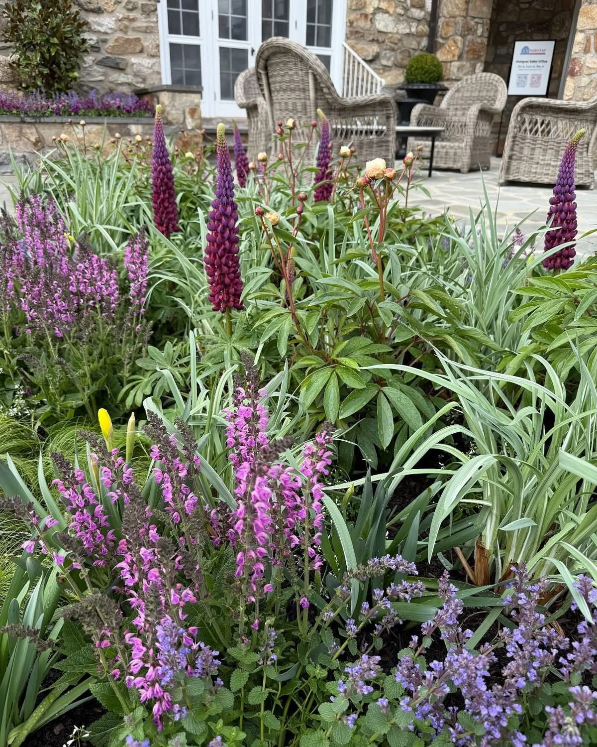 Garden with colorful flowers and wicker chairs.