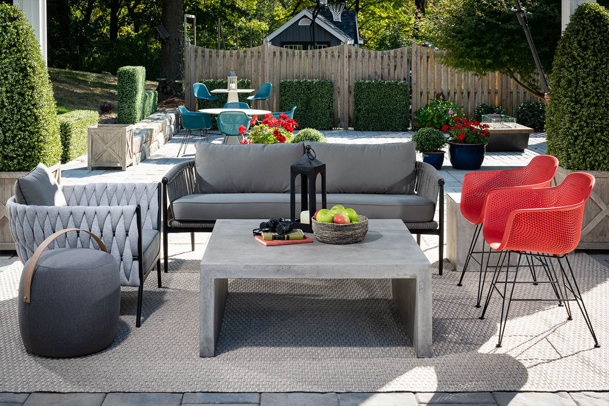 Modern outdoor patio with stylish furniture
