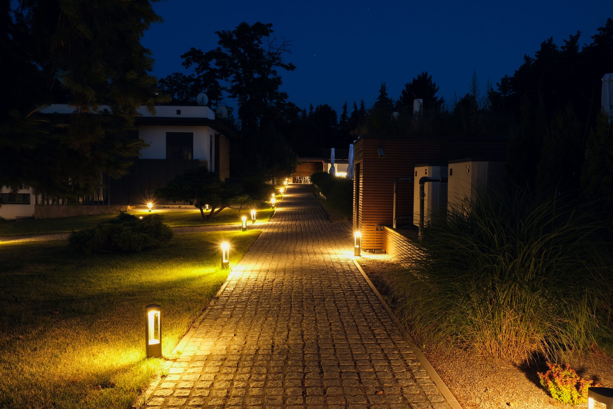 Pathway illuminated by garden lights at night