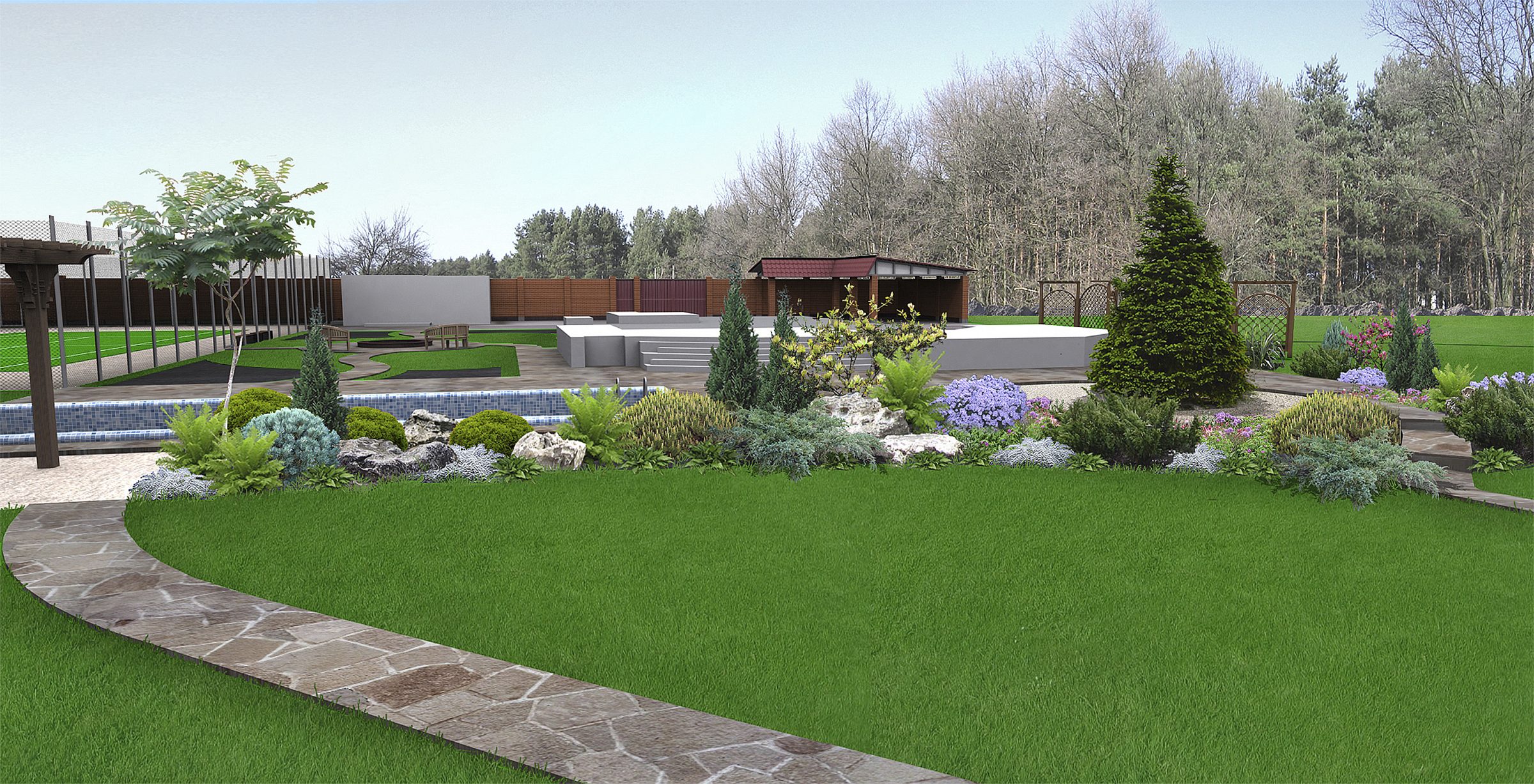 Beautiful landscaped yard with greenery and paths